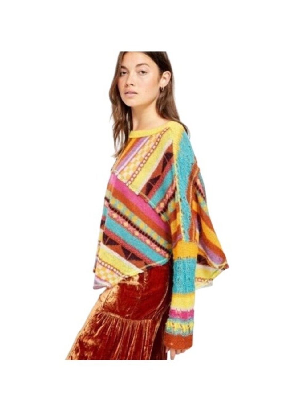 NWT Free People Bright Multicolored Knit Poncho Sweater M| Boho Whimsigoth Indie - Picture 13 of 16